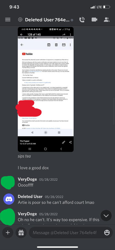 Dander doxxing someone after they filed a counter notice.